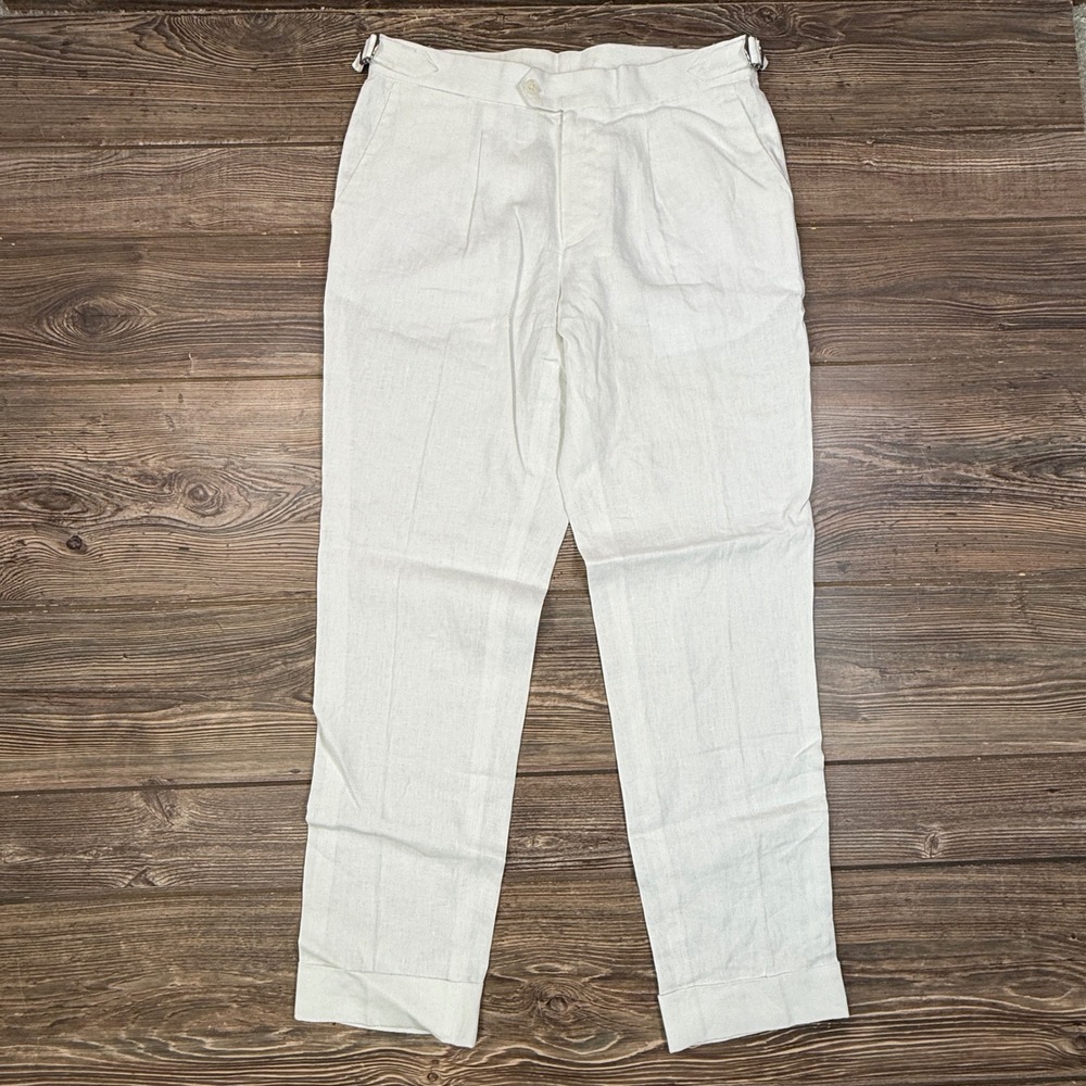 Collars & Co Mens Size 30x30 Linen Trousers White Side Adjuster Pleated Cuffed - Picture 2 of 10